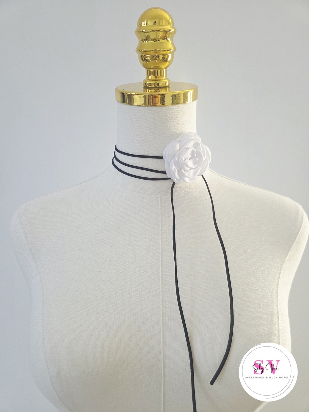 White rose choker with black string tie